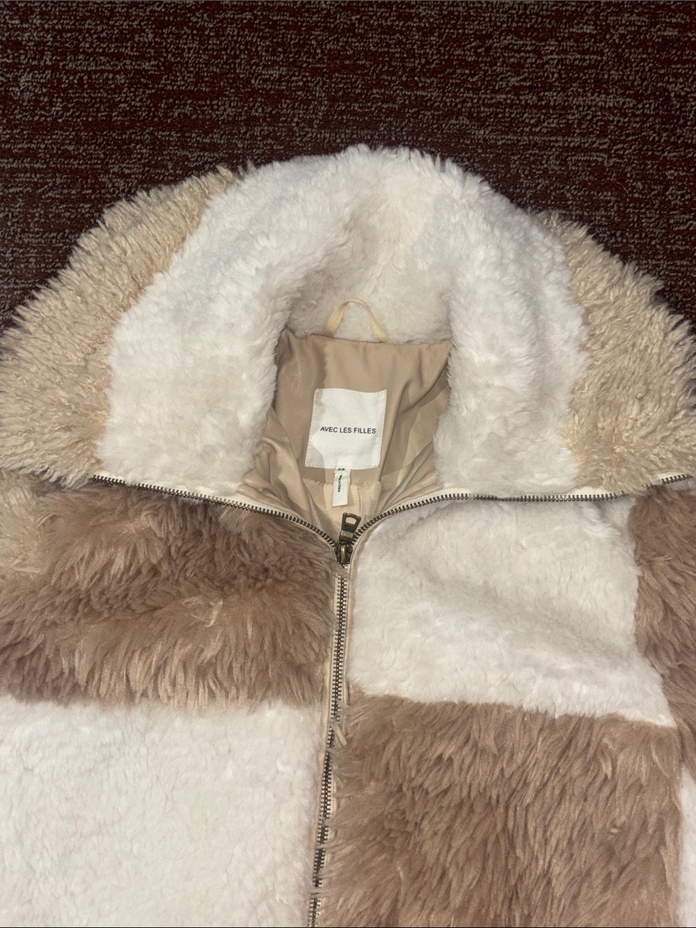 Avec les Filles jacket colorblock Sherpa bomber jacket large collar faux fur - Picture 5 of 14